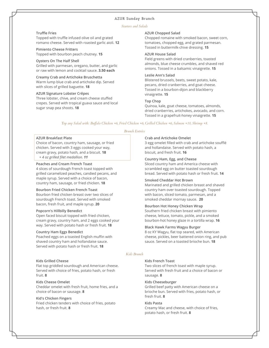 Azur Restaurant & Patio Brunch Menu